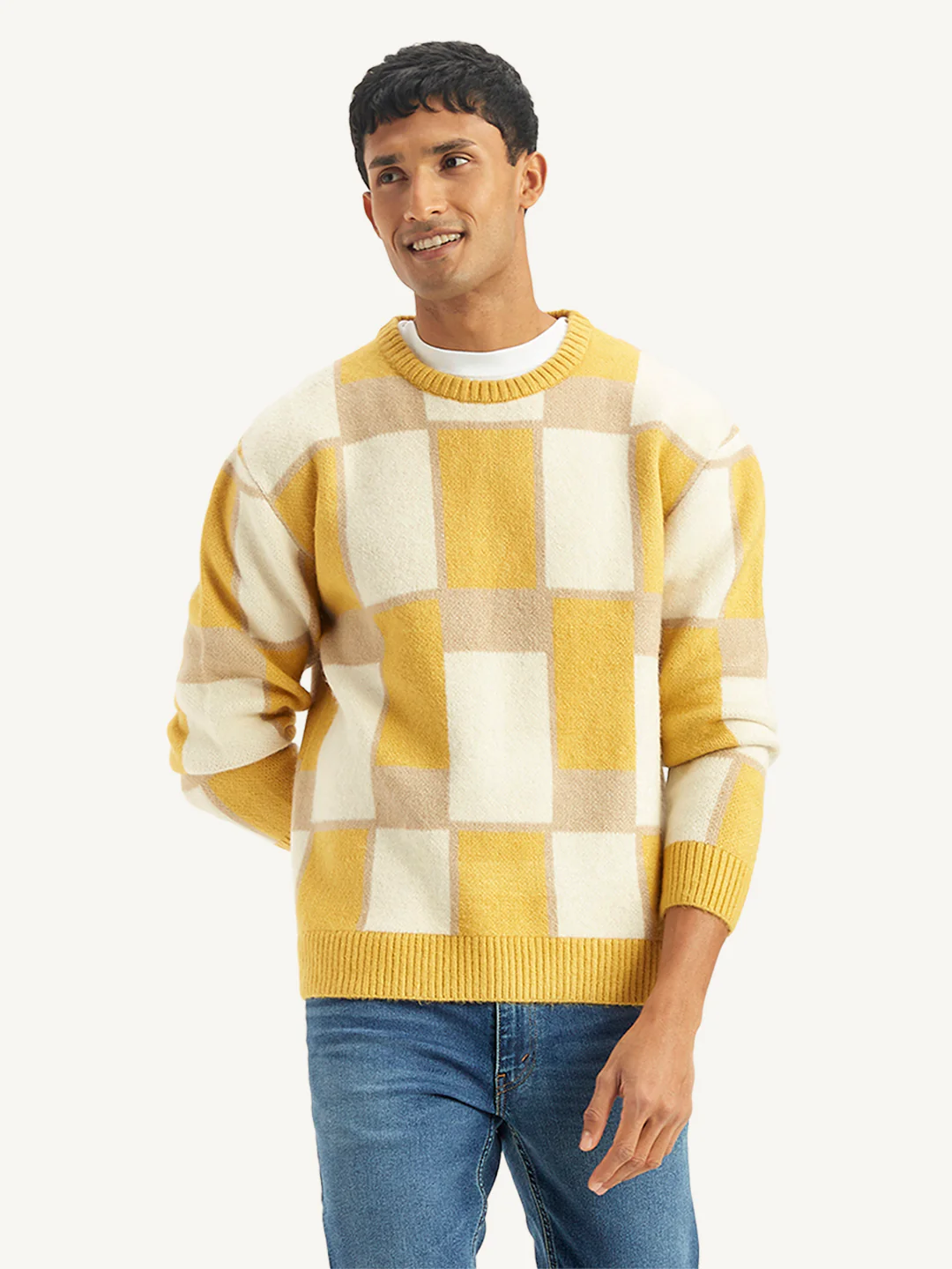 Men's Geometric Yellow Crew Neck Sweater