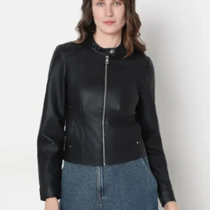 BLACK FAUX LEATHER BIKER JACKET