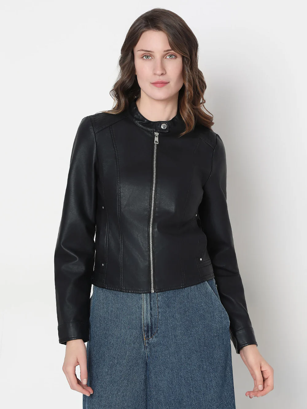 BLACK FAUX LEATHER BIKER JACKET