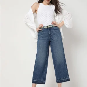 BLUE RAW-EDGE ZOEY WIDE-LEG JEANS