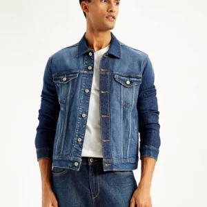Men's Solid Navy Spread Collar Trucker Jacket