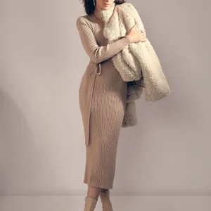 BEIGE V-NECK BODYCON KNIT DRESS