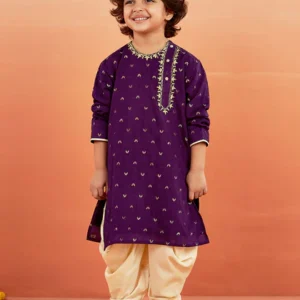 VASTRAMAY Boys' Purple And Gold Kurta and Dhoti Set