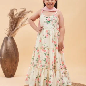 Girl's Light Yellow Floral Print Anarkali With Pink Dupatta