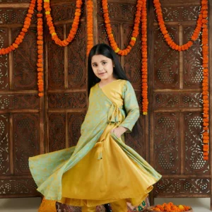 Girl's Aqua Jacquard Anarkali Kurta Salwar Set