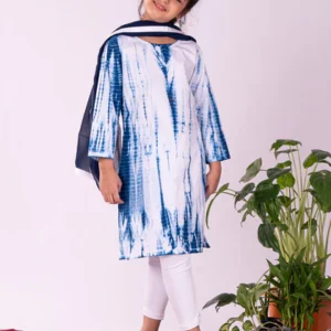 Girls Blue & White Pure Cotton Tie-Dye Kurta Leggings & Dupatta Set