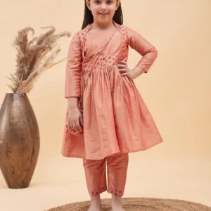 VASTRAMAY Girls Pink Anarkali Kurta Pyjama Set With Potli Bag