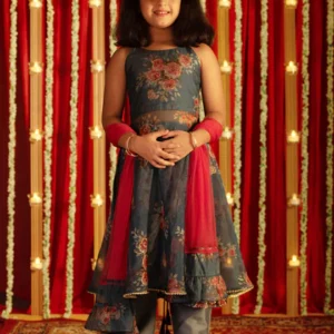 Grey Floral Printed Anarkali And Pyjama With Ruffled Dupatta Set