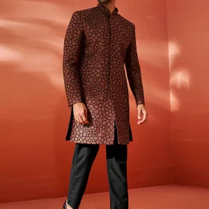Men's Rust And Black Silk Blend Sherwani Set