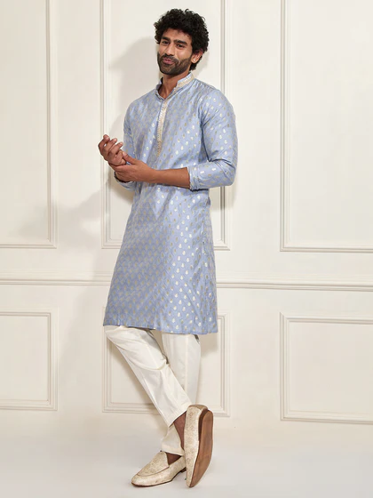 Men's Aqua Silk Blend Kurta Pyjama Set