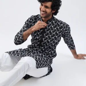 Men's Black And White Cotton Kurta A