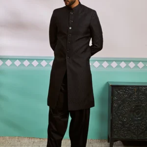 Men's Black Silk Blend Sherwani And Patiala Set
