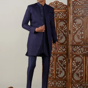 Men's Navy Blue Jacquard Sherwani With Kurta Pant Set