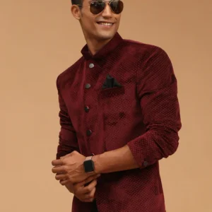 Men's Maroon Polka Dot Printed Velvet Jodhpuri