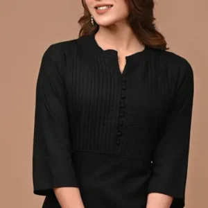 Black Solid Gathered Straight Kurta