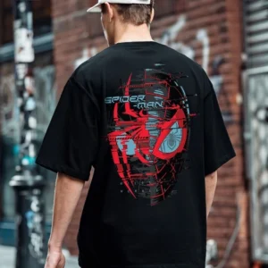 Men's Black Across The Spiderverse Graphic Printed Oversized T-shirt