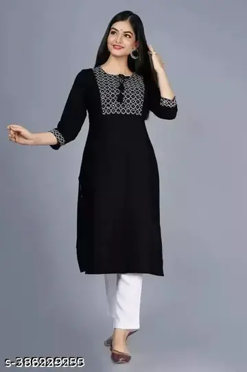 Black Solid Gathered Straight Kurta