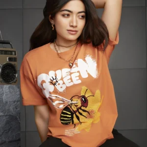 Women's Orange Graphic Printed Oversized T-shirt