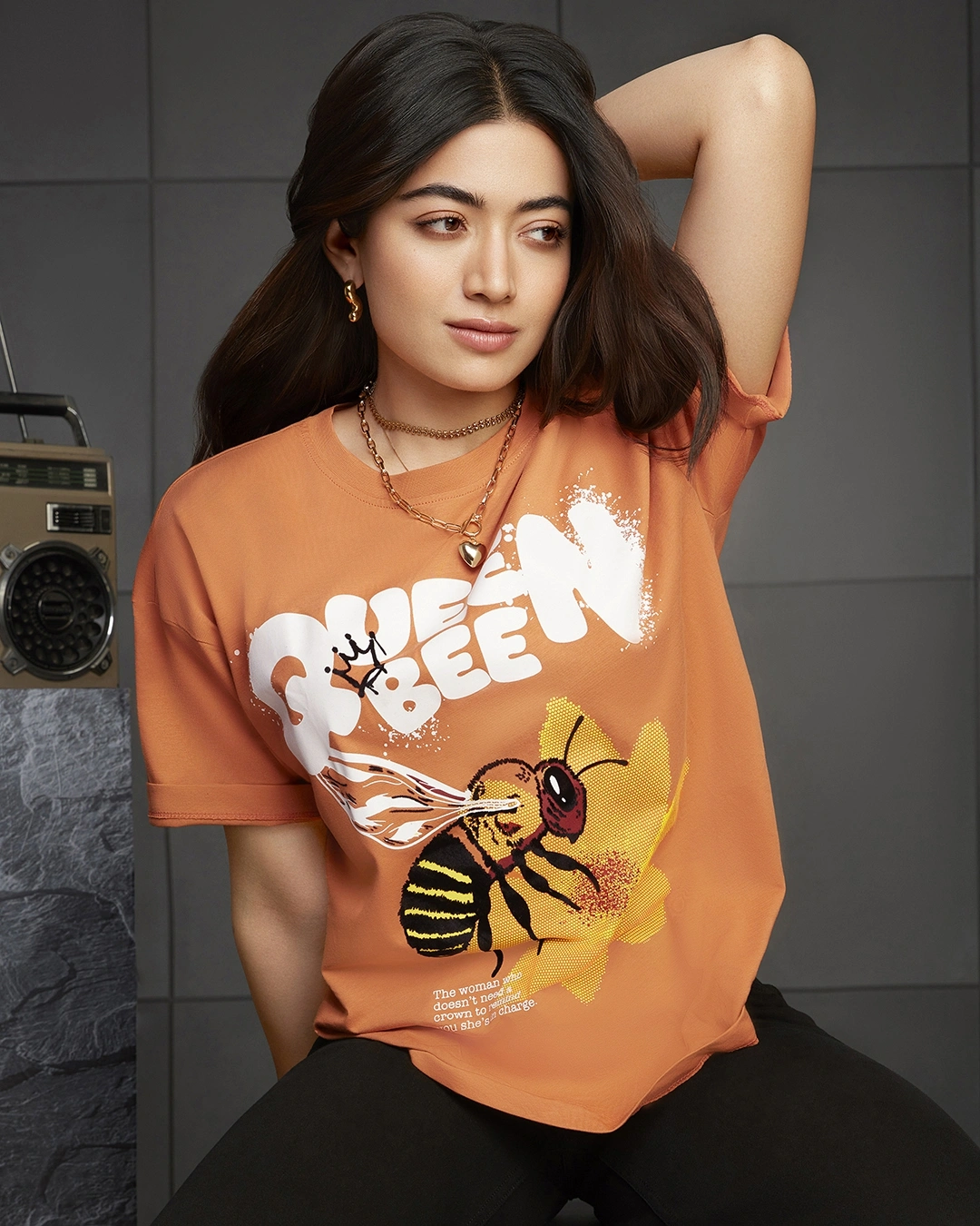 Women's Orange Graphic Printed Oversized T-shirt